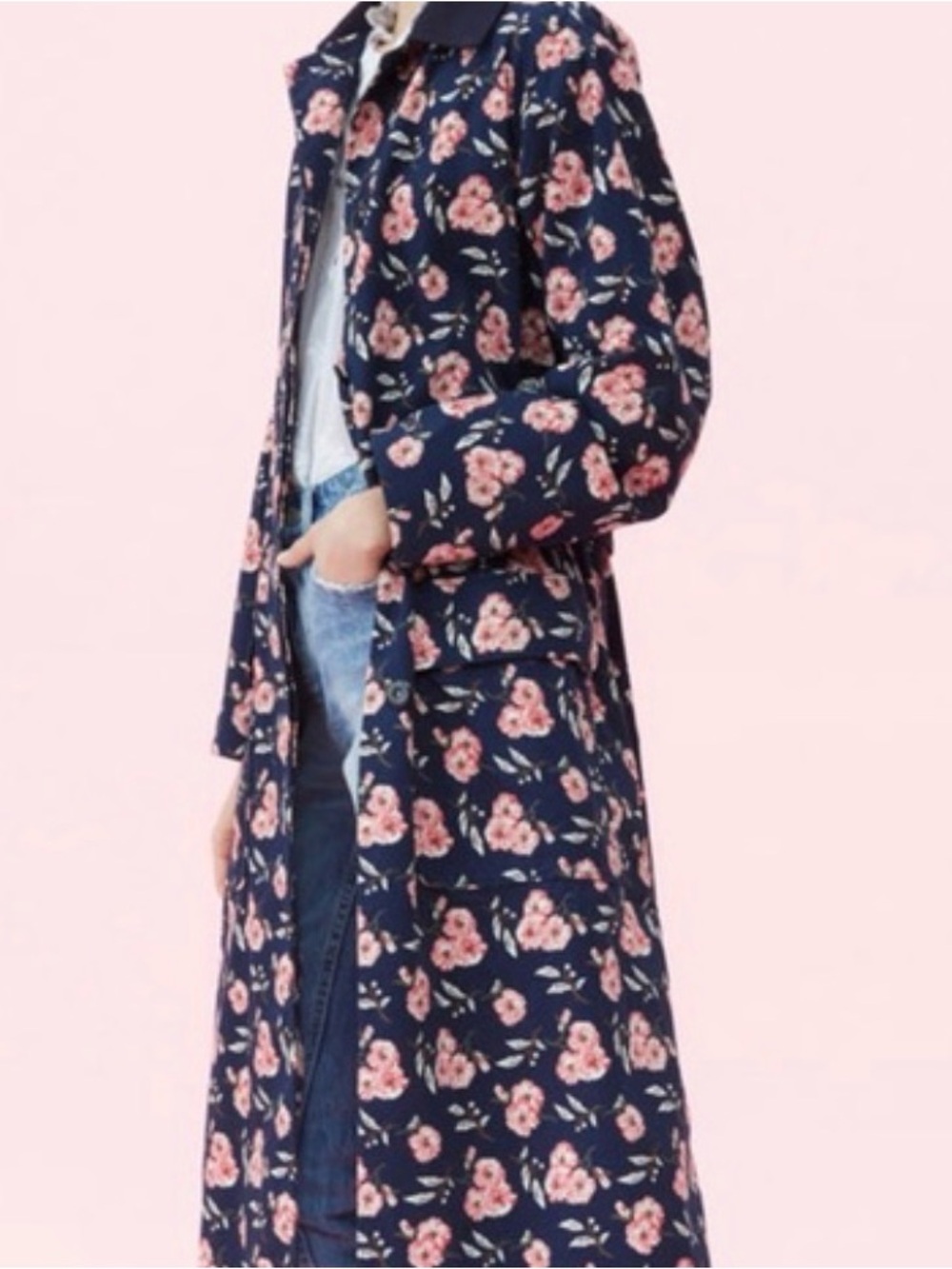 Navy Floral Trench Coat - Long Women's Trench